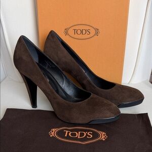 TOD’S Decoll Brown Chocolate Suede Leather Pump Rubber Sole Heels EU 38.5 US 8